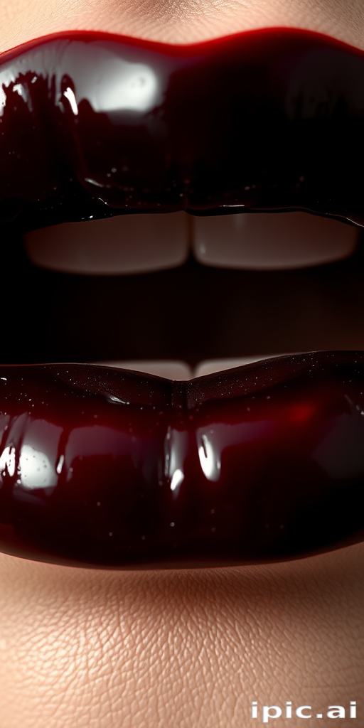 Intriguing close-up of black cherry lips with a glossy finish, emphasizing deep, rich color and reflective properties in contrasting light