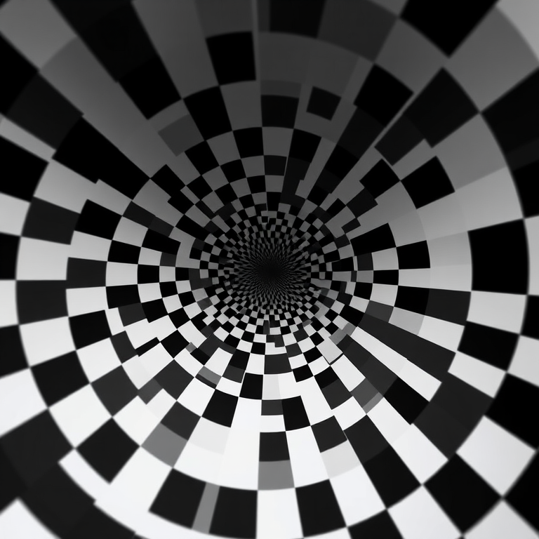 Create a high-resolution black and white spiral optical illusion with a checkerboard pattern radiating outward from the center, captured with a Canon EOS R5, 50mm lens, f/8 aperture, ISO 100, in a symmetrical perspective.
