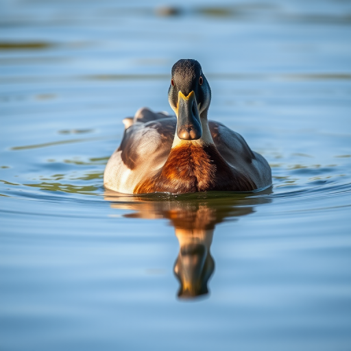 A close-up shot of a duck swimming gracefully on calm water, capturing its reflection clearly, taken with a Canon EOS 5D Mark IV, 85mm lens, aperture f/4, shutter speed 1/250 sec, ISO 200, natural soft lighting.
