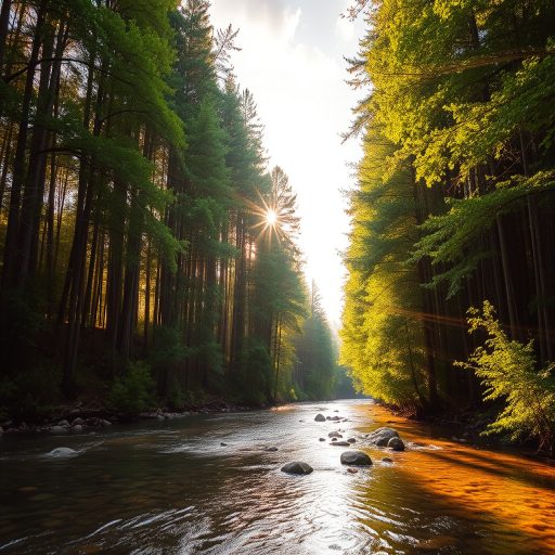 Create an image of a serene, sunlit forest scene with a clear, gently flowing river. Tall trees with lush green foliage line both sides of the river, their leaves bathed in the warm golden light of the setting or rising sun. The sunlight filters through the trees, casting soft, dappled light on the river, which flows over smooth rocks and pebbles, creating a peaceful, natural atmosphere. The sky is bright with a few scattered clouds, and the overall mood is tranquil, evoking a deep sense of connection with nature. The image captures the beauty of a calm, pristine forest landscape at either dawn or dusk.