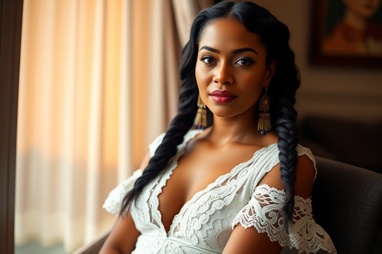 Create a portrait of a refined and elegant Samoan woman seated in a sophisticated setting. She has long, wavy hair styled in two thick braids that are pulled over her shoulders. She wears a white, lace gown with intricate patterns, featuring a deep V-neckline and short sleeves. The dress exudes a vintage charm with its delicate lacework. She is adorned with ornate, dangling earrings that add a touch of glamour to her appearance. The background is softly lit, with warm, ambient lighting that creates a cozy and inviting atmosphere. Her expression is poised and serene, capturing a sense of grace and elegance.