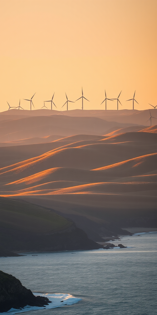 Generate a high-resolution landscape image of a coastal scene featuring rolling hills with wind turbines in the background, captured with a Canon EOS R5 using a 24-70mm f/2.8 lens at f/8, ISO 100, and a shutter speed of 1/200s, taken during golden hour to enhance colors and shadows.