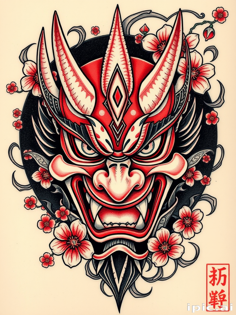 Traditional Japanese hannya mask tattoo with fierce expression and intricate details, surrounded by cherry blossoms and swirling wind patterns for a powerful and evocative design