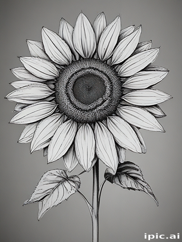Intricate Black and White Illustration of a Detailed Sunflower Blossom