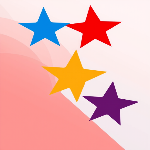 Create a high-resolution vector image of four stylized stars in different colors: top left blue, top right red, bottom left light blue, bottom right dark red, using a Canon EOS 5D Mark IV, f/8 aperture, 1/60s shutter speed, 50mm lens, and vibrant colors with smooth gradients.