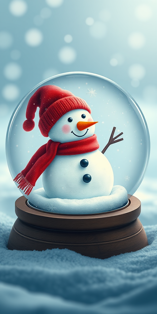 Create a high-resolution illustration of a snow globe featuring a snowman wearing a red hat and scarf, with a snowy background, using a Canon EOS 5D Mark IV camera, 50mm lens, f/2.8 aperture, ISO 100, in a soft, diffused lighting style.