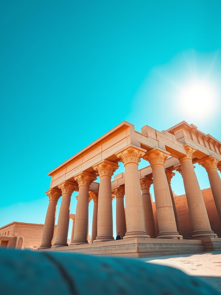 Capture a high-resolution image of the Philae Temple, emphasizing the intricate columns and detailed stonework under a bright blue sky; use a DSLR camera with a 24mm lens at f/8, ISO 100, and a shutter speed of 1/200 sec, taken from a low angle for added depth.