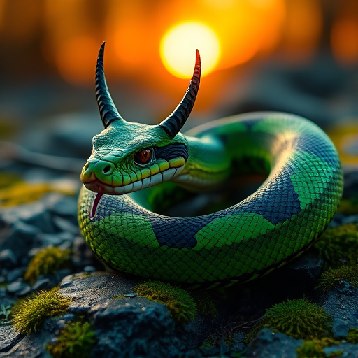 Regenerate a hyper-realistic image of a green and black snake with horn-like features resting on mossy rocks under a sunset, shot with a Canon EOS R5 camera, 85mm f/1.2 lens, aperture f/2.8, ISO 100, and a macro photography style to enhance detail and depth of field.