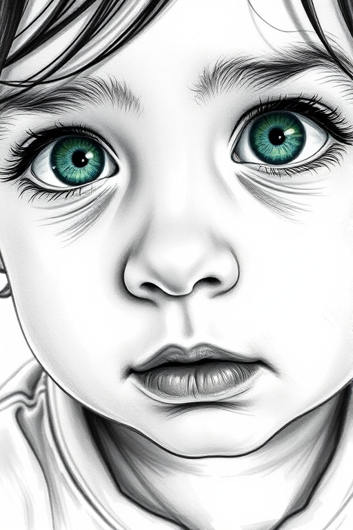 A hyperdetailed photorealistic black and white sketch of a beautiful toddler with deep green eyes, with a macro focus