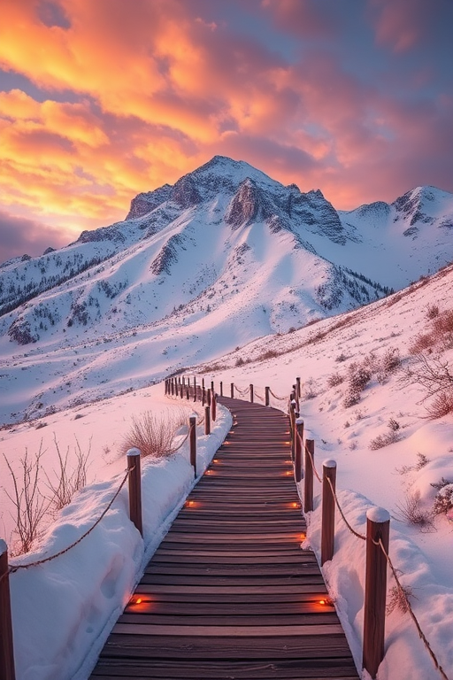 Generate a scenic winter landscape of a snow-covered mountain with a winding wooden path illuminated by warm lights, capturing a dramatic sunset sky filled with clouds, shot with a DSLR camera at f/8, 1/125s, ISO 200, wide-angle lens at 24mm, high dynamic range for enhanced details.