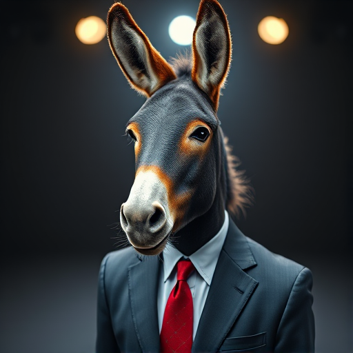 Create a photorealistic image of a donkey wearing a formal suit and a red tie, captured in a studio setting with dramatic lighting, using a DSLR camera with a 50mm f/1.8 lens, ISO 100, aperture f/2.8, and a shutter speed of 1/160 sec.