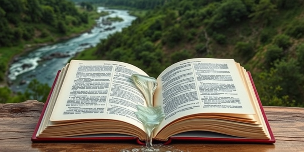 Create a surreal scene of an open book with a flowing waterfall spilling from its pages, surrounded by a landscape of lush greenery and a meandering river, captured with a full-frame camera at f/8, ISO 100, and a shutter speed of 1/250s, in a wide-angle view with vibrant colors and high dynamic range.