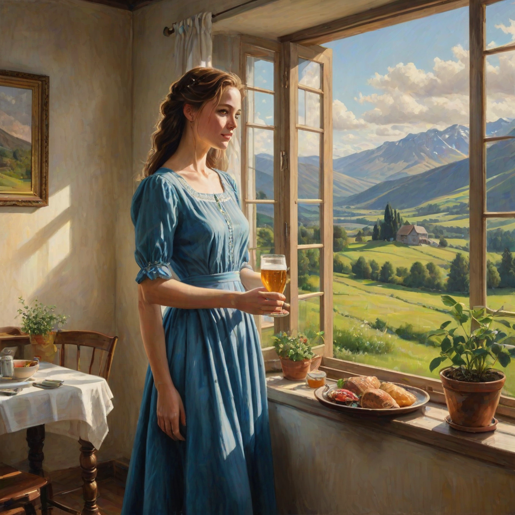 In "A Glass of Beer on the Highland," a serene scene is depicted in a sunlit room where a woman in a vibrant blue dress stands by a large window. She holds a tray with a hearty meal and a frothy glass of beer, embodying a moment of relaxation. Outside, the breathtaking highland landscape features rolling green hills and a charming traditional house, all bathed in warm afternoon light. The interior is adorned with potted plants, creating a harmonious blend of comfort and nature. The painting beautifully captures the tranquility and joy found in simple pleasures amidst stunning scenery