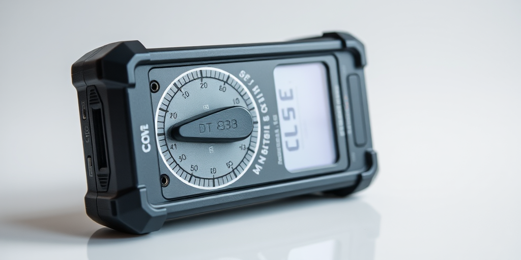 Regenerate a high-resolution image of a DT838 digital multimeter with a clean background, captured using a DSLR camera with a 50mm lens, aperture f/2.8, ISO 100, and a slight top-down angle to emphasize the dial and display.