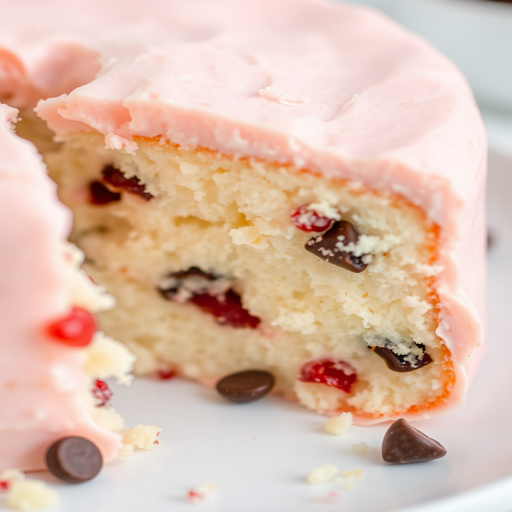 A close-up shot of a slice of cake with a light pink frosting and mixed with pieces of cherry and chocolate chips. The cake has a fluffy texture and looks moist, with some of it missing to show the soft interior. The background is softly blurred to emphasize the cake.