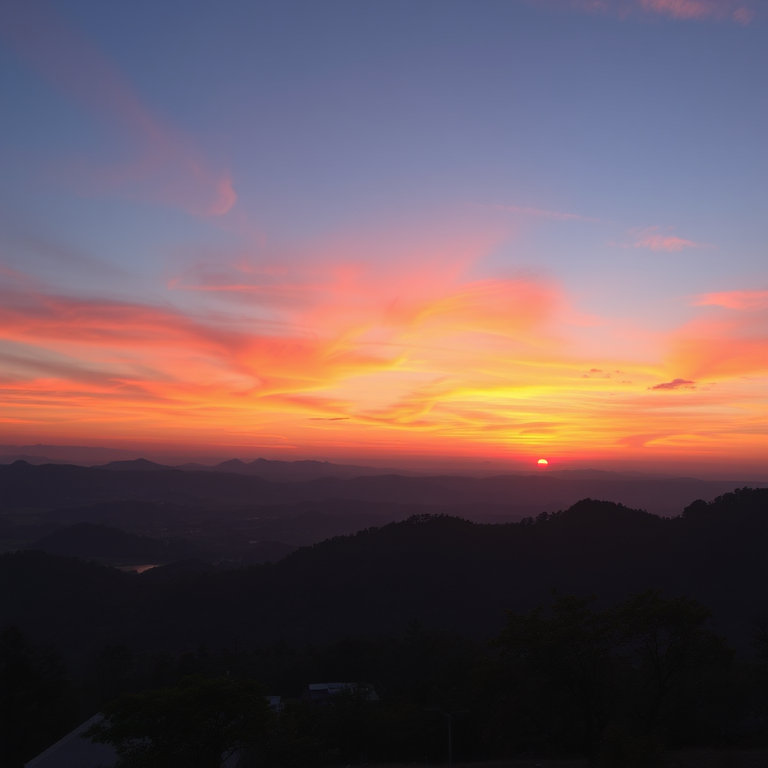Create an image of a scenic landscape at sunset with vibrant colors and a clear sky, using a Canon EOS R5 camera with an 85mm f/1.2 lens, aperture set to f/8, ISO 100, and shutter speed of 1/200s, capturing a wide-angle view.