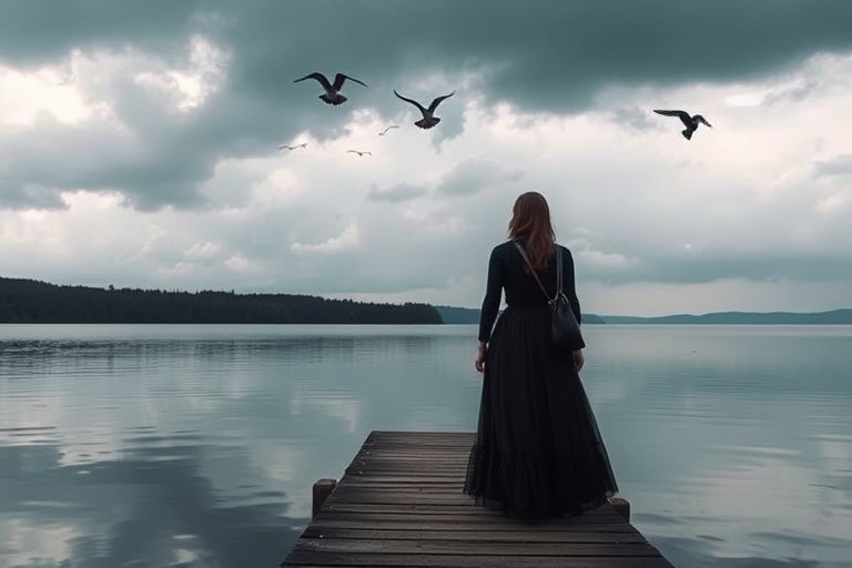 Create a serene lakeside scene with a woman in a long dark dress standing on a wooden pier, carrying a bag, surrounded by dark clouds and birds flying above, using a DSLR camera, 50mm lens, f/2.8 aperture, ISO 100, with soft diffused lighting and a slight vignette to enhance depth.