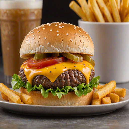 High-resolution, close-up image of a gourmet double cheeseburger. The burger features a glossy, sesame-seed-topped brioche bun. Inside, there are two thick, juicy beef patties, each topped with melted cheddar cheese. The burger is garnished with fresh lettuce, tomato slices, diced onions, and pickles. A generous amount of ketchup and a creamy, orange-colored sauce is dripping down the sides, adding to the mouth-watering appeal. In the background, there are blurred elements including a side of golden French fries and a hint of a beverage, enhancing the overall presentation of a delicious meal.