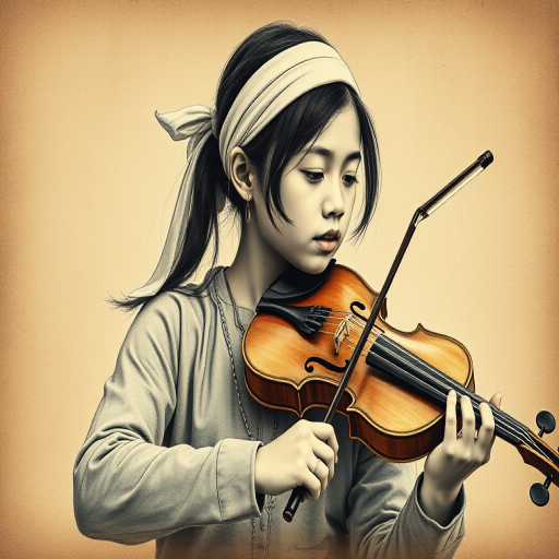a young Bhutanese woman with a white headband playing a violin, in the style of a charcoal drawing, sepia grunge background