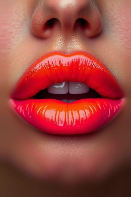 Captivating image of ombre sunset lips transitioning from orange to pink, highlighting a gradual color shift and dimensional depth