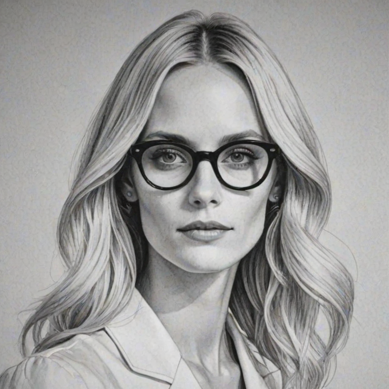 Splendid Poppy Delevingne, pencil sketch, portrait of Comely woman 1967s in glasses, hair style beatnik, outline, clear lines, fine lines, 8k