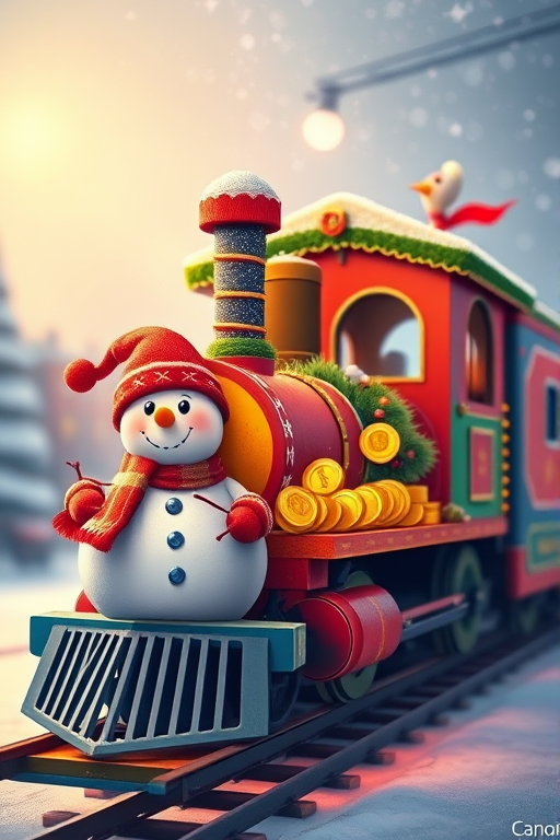 Create a vibrant digital illustration of a colorful Christmas train with a snowman in the front, carrying large gold coins, set against a softly glowing background with a subtle gradient; use a Canon EOS R5 camera with an aperture of f/2.8, ISO 100, and a 50mm lens for sharp detail and rich colors.