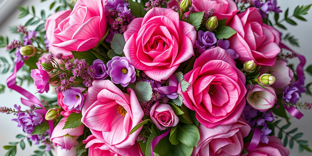 regenerate a high-resolution image of a decorative floral arrangement featuring pink and purple flowers along with green leaves and ribbons, using a Canon EOS R5 camera at f/4 aperture, ISO 100, 50mm lens, top-down view, and soft natural lighting to enhance colors and details