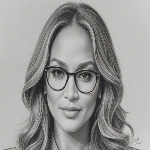 Radiant Jennifer Lopez, pencil sketch, portrait of Graceful woman 1969s in glasses, hair style beatnik, outline, clear lines, fine lines, 8k