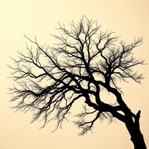 Create a high-quality image of a black silhouette of a tree with intricate branches against a light background, captured with a DSLR camera at ISO 100, f/8 aperture, 50mm lens, in a portrait orientation.