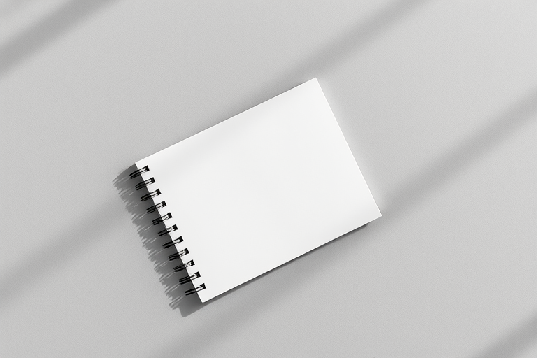 a blank spiral notebook on a smooth gray surface, soft natural lighting, Canon EOS R5, 50mm f/1.8 lens, aperture set to f/2.8, ISO 100, shutter speed 1/125s, top-down view, minimalistic style