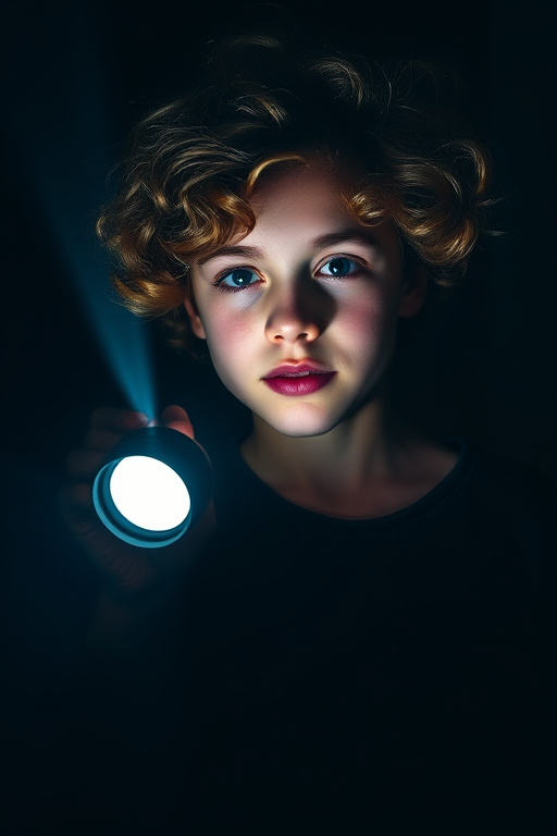 A young person with curly hair holding a flashlight in a darkened environment, spotlight casting dramatic shadows, shot with a DSLR camera at f/2.8, ISO 400, shutter speed 1/60s, in a portrait orientation with soft focus background to emphasize the subject.