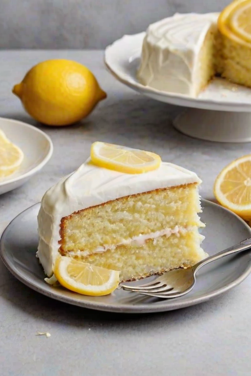 Create an image of a moist lemon cake with a smooth white frosting, topped with thin slices of fresh lemon. The cake should be cut, revealing its fluffy interior, and placed on a simple gray plate against a soft, neutral background.