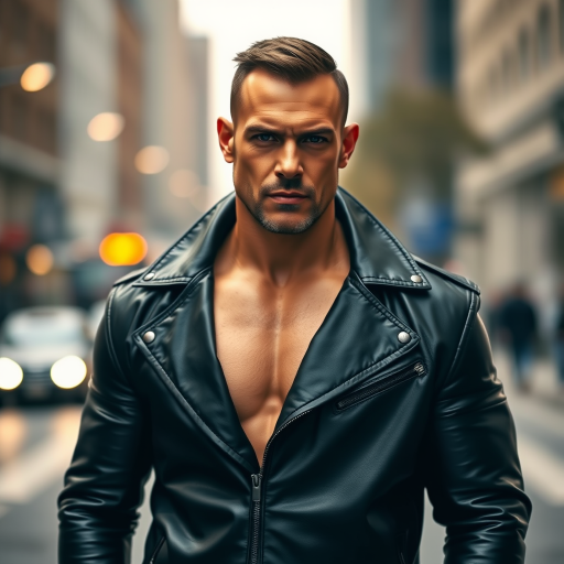 portrait of a muscular man in a sleek black leather coat with an intense expression, city street background with soft bokeh lights, taken with a Canon EOS R5, 85mm lens, f/1.4 aperture, ISO 100, natural light, cinematic style