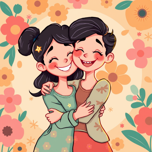 Create a vibrant illustration of two smiling friends hugging, with a circular floral background, in a whimsical, cartoon style, using a digital art technique, 300 DPI resolution, soft lighting, and a focus on warm colors.