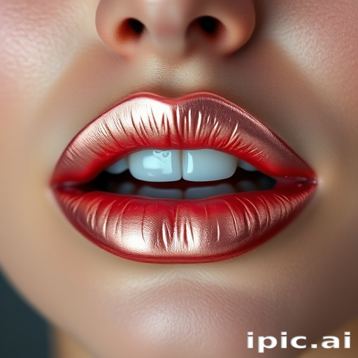 Exquisite portrait featuring metallic rose gold lips with a holographic sheen, highlighting unique light-reflecting properties and dimensional depth