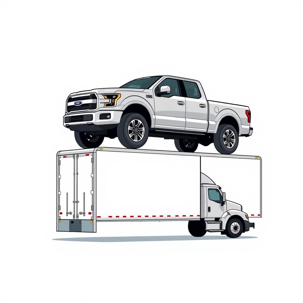 Create a high-resolution illustration of a pickup truck above a semi-truck with a blank trailer, using a digital camera settings of f/8 aperture, ISO 100, 1/125s shutter speed, taken from a low angle wide shot for a clear perspective, with a flat illustration style in vector graphics.