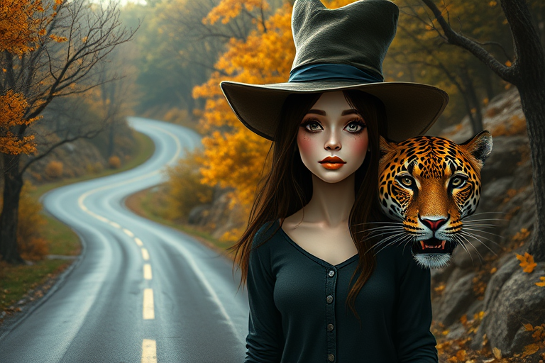 digital art fantasy depicting a strange girl with brown hair, long eyelashes, Yellow lipstick and a tall hat walking along a winding road on an autumn afternoon, an Jaguar smiles as she passes