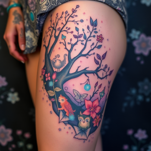 Whimsical body tattoo depicting a enchanted forest scene wrapping around the thigh, featuring mystical creatures and bioluminescent flora in dreamy pastel hues