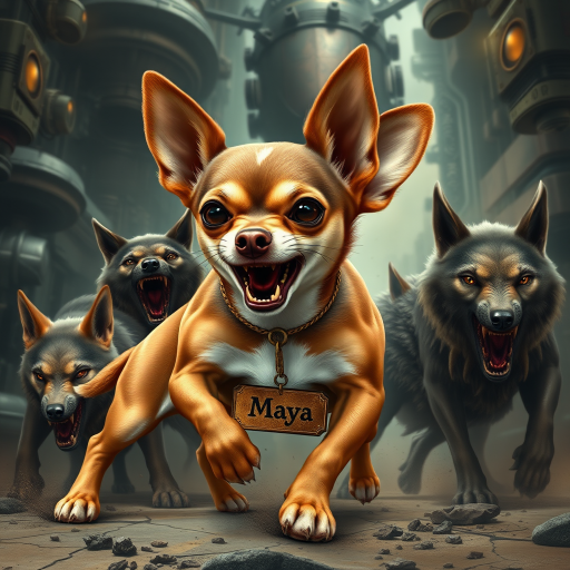 "Create a highly detailed and realistic image of a short-haired Chihuahua named Maya in an extremely fierce and enraged warrior pose. She is battling a pack of wolves and an alien creature, fighting for her life and the life of her owner. The Chihuahua should have a wild and aggressive appearance, with bared teeth and fierce eyes, showcasing her determination despite the overwhelming odds. She should have a distinct white patch on her chest, while the rest of her fur should be brown. A large tag with the name 'Maya' should be prominently displayed around her neck. The background should feature a sci-fi and steampunk style, filled with futuristic mechanical elements and Victorian technology, blending an urban landscape with fantastical details such as gears and steam."