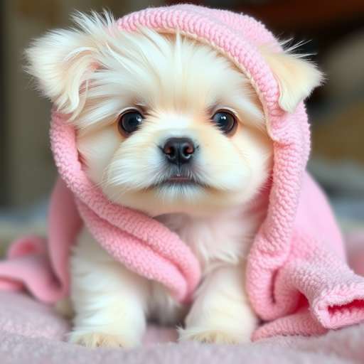 A small fluffy white dog wrapped in a pink towel sitting on a soft surface with a curious expression. The dog's big dark eyes and small nose are visible, creating an adorable and cozy appearance.
