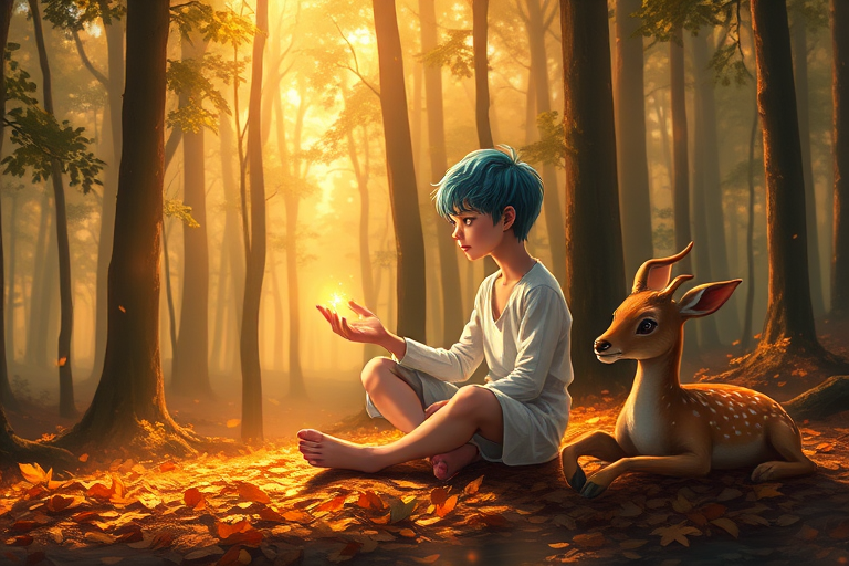 A luminous digital painting of a serene forest scene featuring a barefoot young male, about 7 years old, with blue hair and fair skin, dressed in a simple white outfit. He sits cross-legged on the forest floor, gazing at a small, glowing, magical firefly in his hand. Beside him, a delicate spotted deer lies calmly on a bed of dried leaves, observing the scene. The dense forest is bathed in warm, golden light filtering through the trees, creating a peaceful, magical atmosphere with a blend of natural and mystical elements.