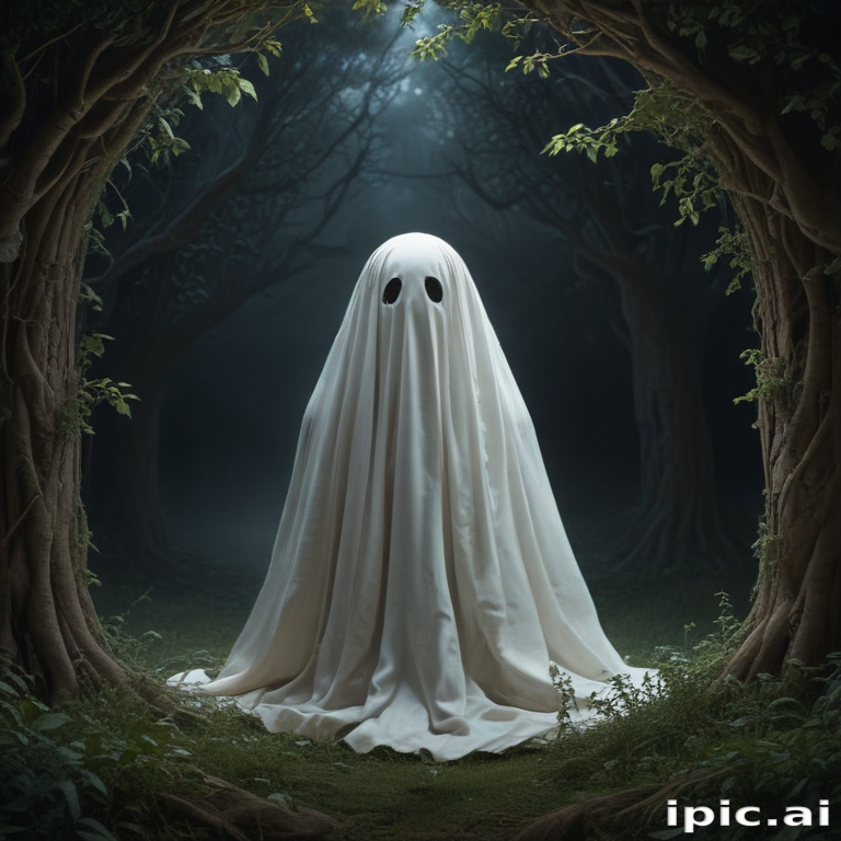 A Mysterious Ghostly Figure Surrounded by Enchanted Forest Trees at Night