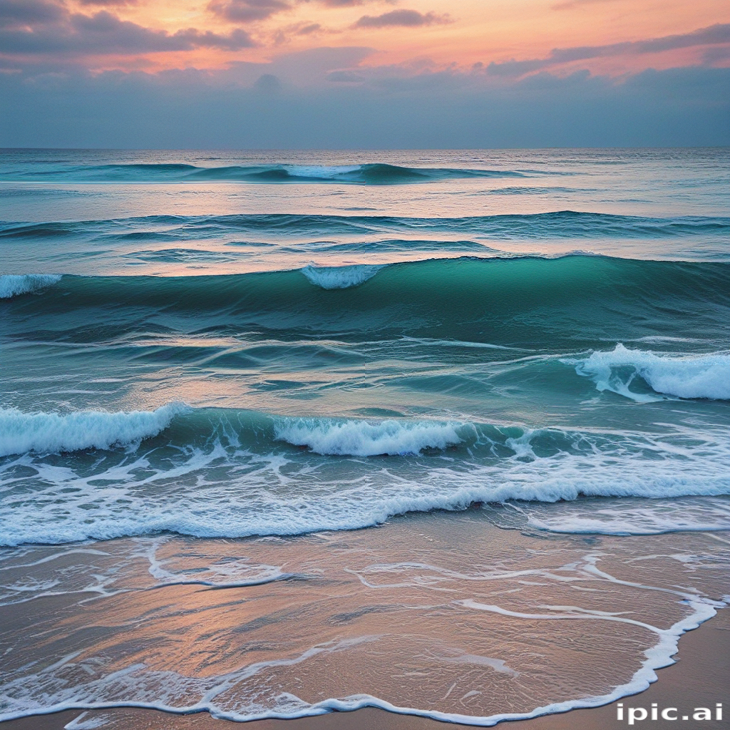 Tranquil Sunset Over Gentle Ocean Waves with Soft, Reflective Shoreline