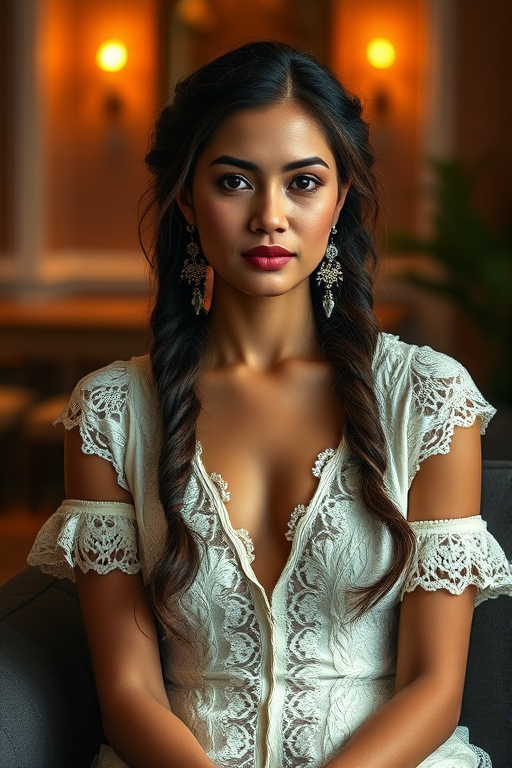 Create a portrait of a refined and elegant Hawaiian woman seated in a sophisticated setting. She has long, wavy hair styled in two thick braids that are pulled over her shoulders. She wears a white, lace gown with intricate patterns, featuring a deep V-neckline and short sleeves. The dress exudes a vintage charm with its delicate lacework. She is adorned with ornate, dangling earrings that add a touch of glamour to her appearance. The background is softly lit, with warm, ambient lighting that creates a cozy and inviting atmosphere. Her expression is poised and serene, capturing a sense of grace and elegance.