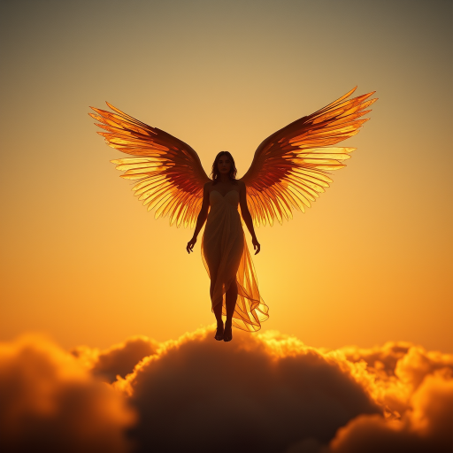 Regenerate the image of a figure with large, delicate wings standing on a cloud at sunset, captured with a Canon EOS R5, 50mm lens, f/1.8 aperture, ISO 100, soft focus, golden hour lighting for enhanced warmth and detail.
