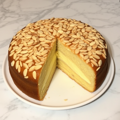 A round cake with a glossy almond topping sliced to show creamy layers inside placed on a white plate against a marble background.