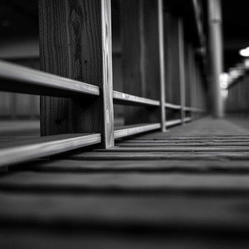 captured with a DSLR camera, 35mm lens, f/8 aperture, ISO 100, 1/250 sec shutter speed, low angle view, focus on wooden slats, monochrome style, high dynamic range to enhance contrast and texture in the image