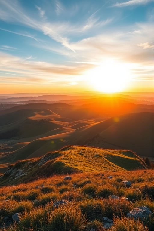Generate a high-resolution image of a scenic landscape featuring rolling hills and a sunrise sky, using a Canon EOS R5 camera with a 24-70mm f/2.8 lens, ISO 100, aperture f/8, shutter speed 1/200 sec, captured in a wide-angle view with vibrant colors and high dynamic range.