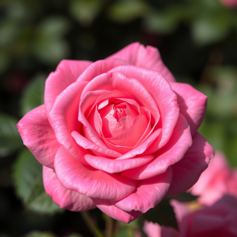 close-up shot of a blooming pink rose with intricate petal details, natural lighting, aperture f/2.8, shutter speed 1/200s, ISO 200, macro lens, DSLR camera, focus on the center of the flower, softly blurred background