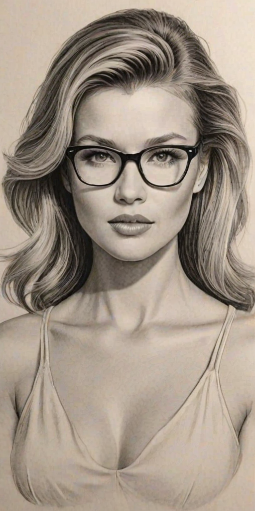 Captivating Joanna Krupa, pencil sketch, portrait of Charming woman 1947s in glasses, hair style beatnik, outline, clear lines, fine lines, 8k